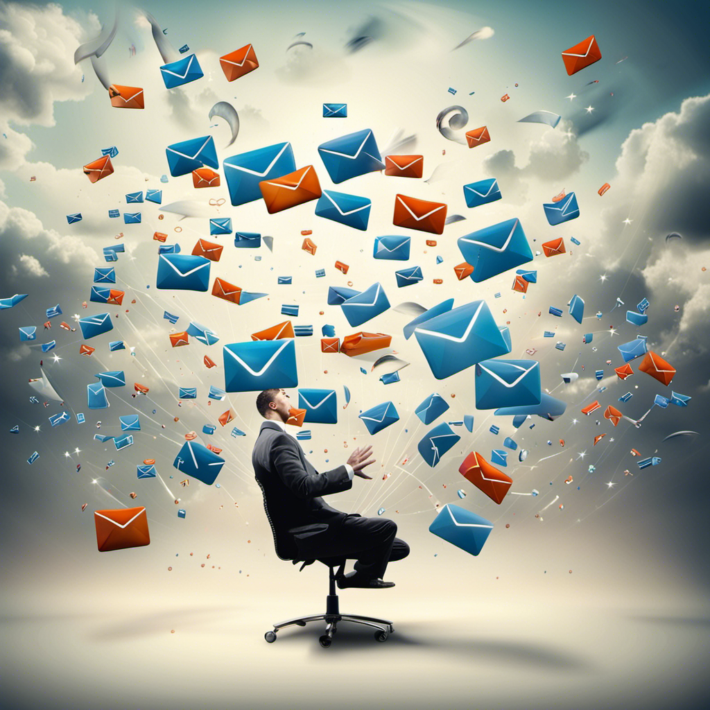Emails flying around a man on an office chair
